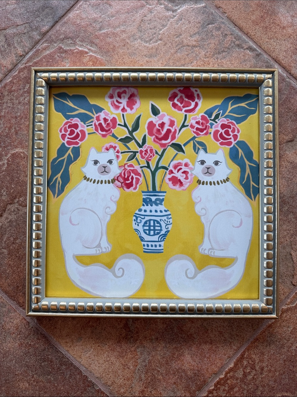 SAPNA SHAH Blue and White Chinoiserie Pink Flower Filled Vase White Cat Framed.
